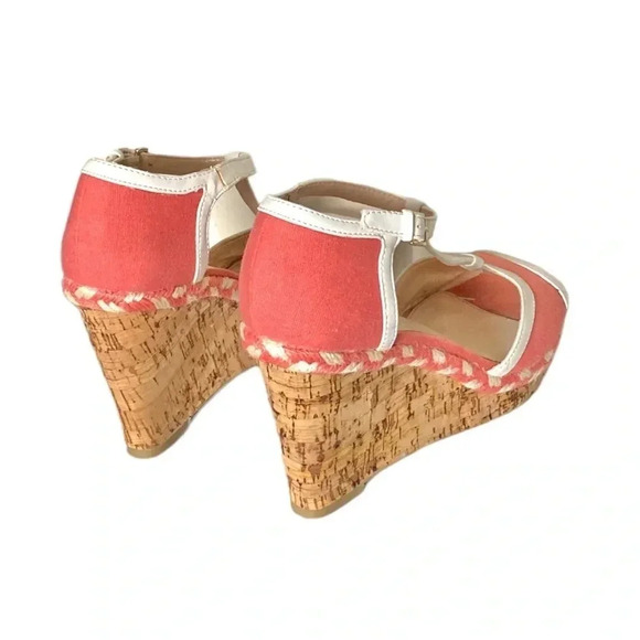 TOMMY HILFIGER | Women’s Dacey Coral Canvas Sandals Peep Toe Cork Wedge Size 8 - Picture 8 of 9